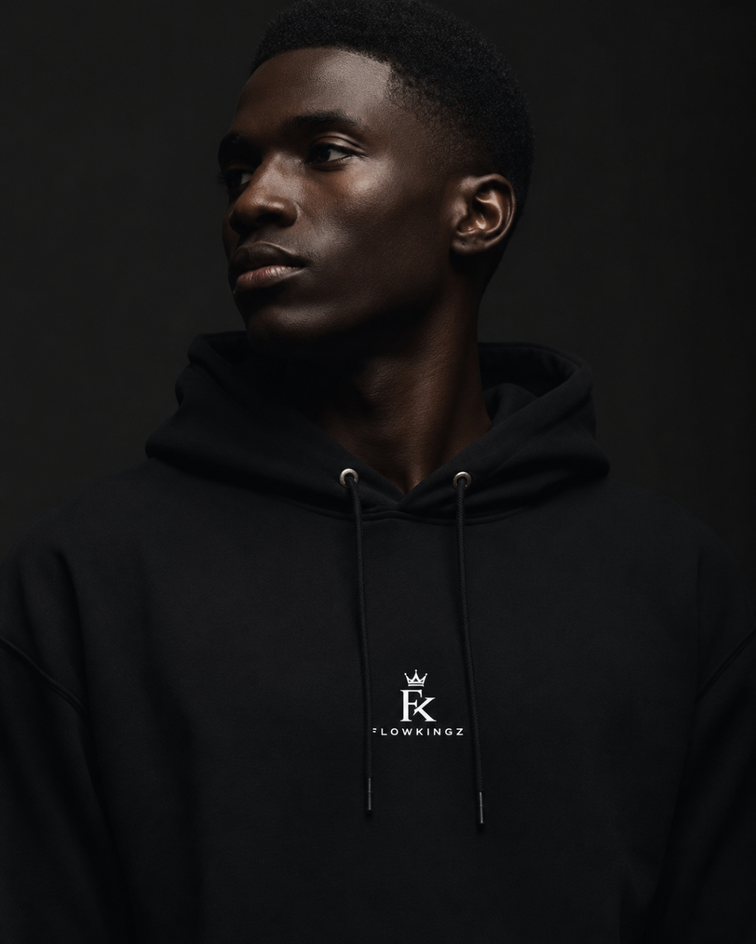 Model wearing the FlowKingz Signature Heavyweight Hoodie in black